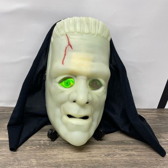 Vintage Glow-in-the-Dark Frankenstein Mask wHood & Light-Up Green Eyes Halloween - Picture 2 of 8